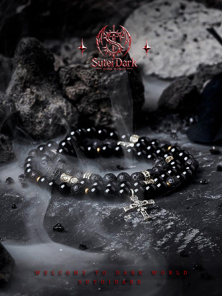 [Reversal] Dark Cross Black Obsidian Bracelet for Men - Double-Layer Beaded Bracelet, Gift for Boyfriend