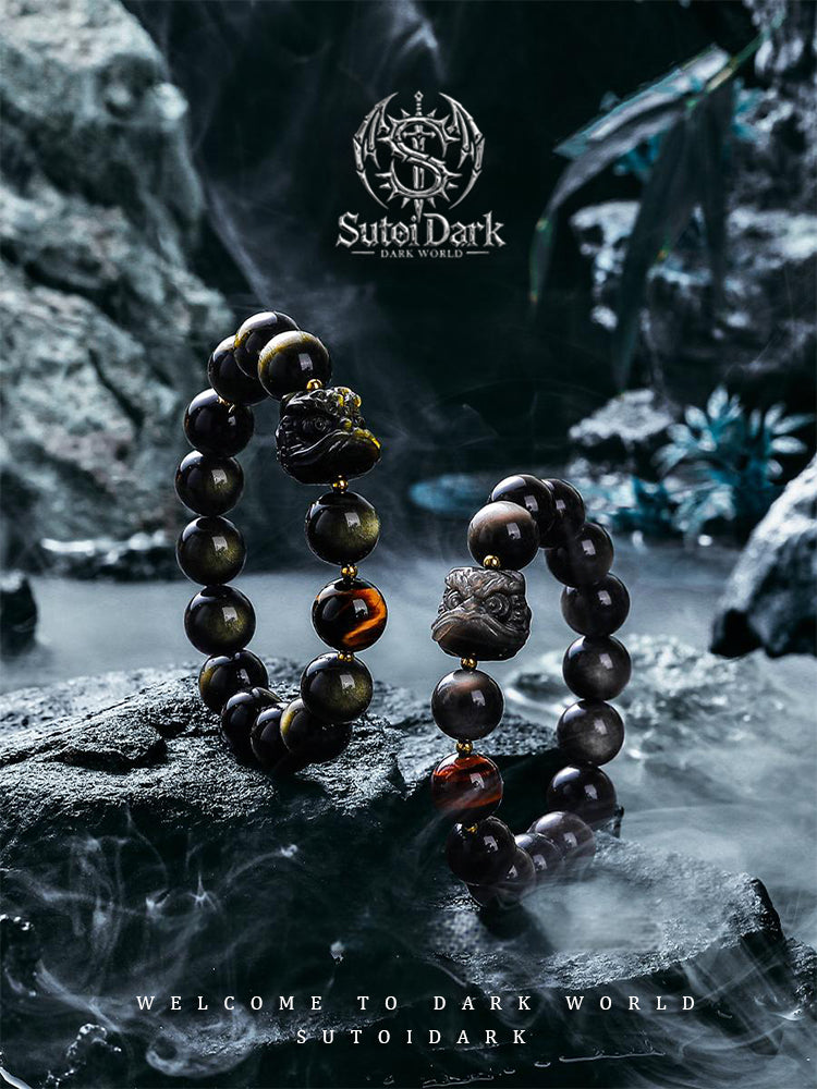 [Awakened Lion] V INtage Gold & Silver Obsidian Bracelet for Men - Premium Couple's Beaded Bracelet, Birthday Jewelry Gift