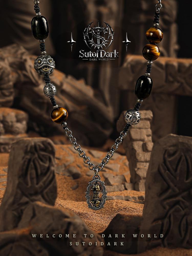 [Lion's Luck] Vintage Black Onyx Necklace for Men - Unique Jewelry, Tiger Eye Stone, Light Luxury Versatile Sweater Chain