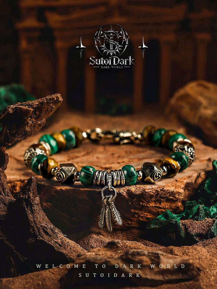 [Feathered Hunt] V INtage Tiger Eye Bracelet for Men - Premium Malachite Beaded Bracelet, Personalized Birthday Gift