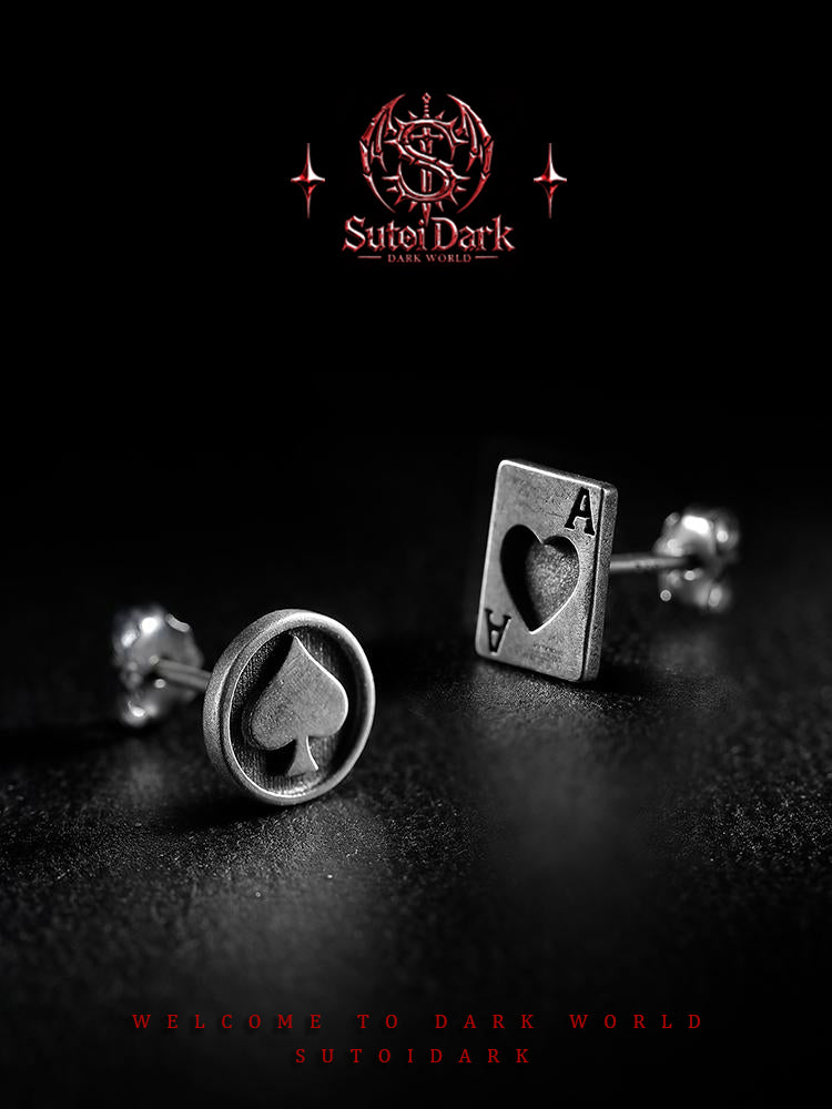 [Playing Card] Dark Style Original Vintage 925 Silver Stud Earrings for Men - Premium Unique Couple's Jewelry