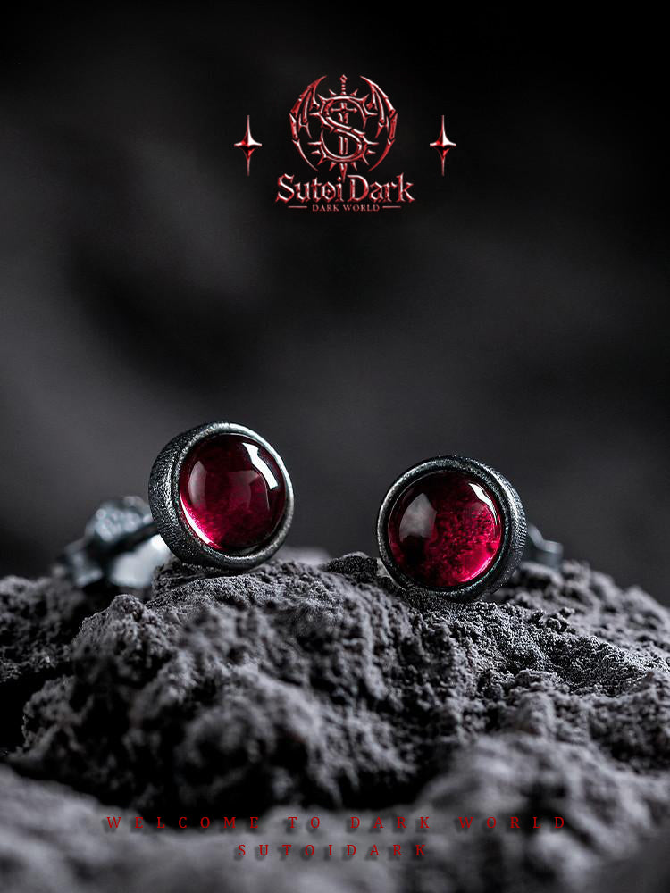 [Red Illusion] Dark Vintage 925 Silver Stud Earrings for Men - Premium Piercing-Friendly Zircon Jewelry