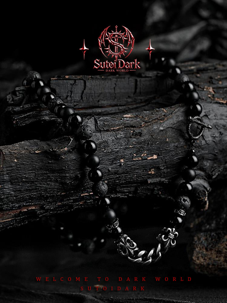 [The Watcher] Vintage Unique Black Onyx Beaded Necklace for Men - Unique Sweater Chain, Gift for Boyfriend