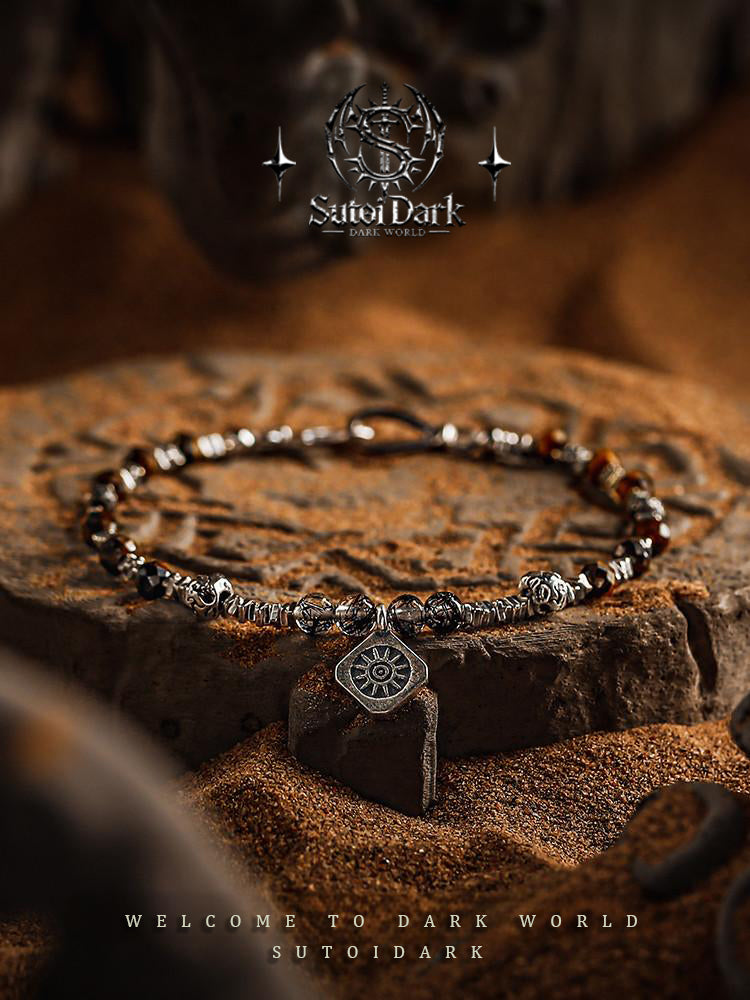 [Radiance] Unique Tiger Eye Bracelet for Men - V INtage Black Rutilated Quartz Crystal Beaded Bracelet with Silver Accents, Gift