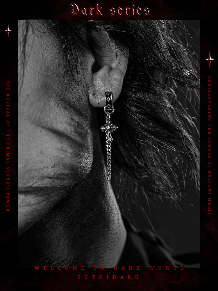 [Black Zone] Dark Vintage Cross 925 Silver Earrings for Men - Premium Unique Jewelry